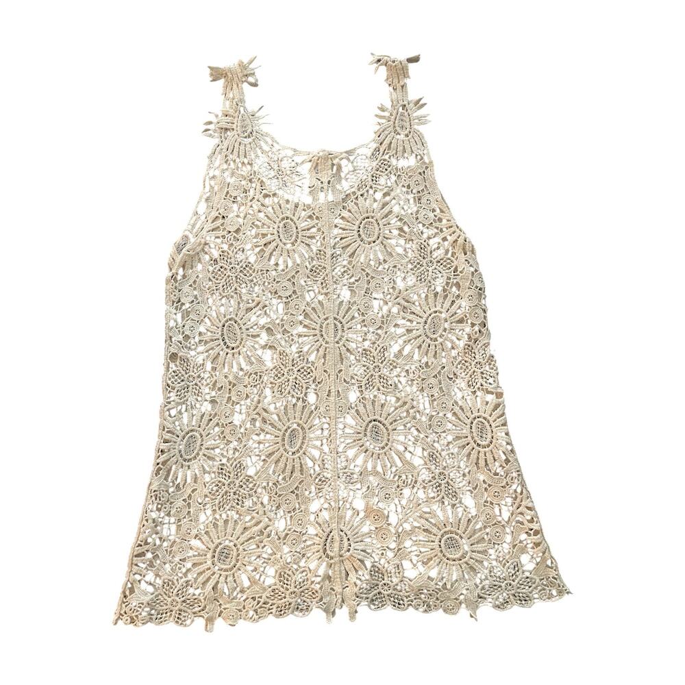 ISELA Ivory Floral Crochet Tank Top Boho Festival Mesh Lace Size Small - Picture 5 of 7